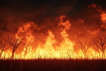 Intense Forest Fire with Flames and Blackened Trees at Night