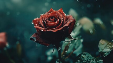 Red Rose with Raindrops Against a Dark Background Capturing Nature's Elegance and Serenity in a Close-Up Floral Photograph