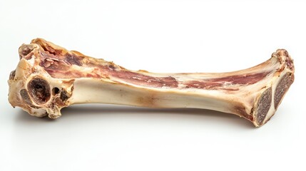 Raw cattle bone isolated on white background showcasing natural texture and anatomical details suitable for culinary or veterinary use