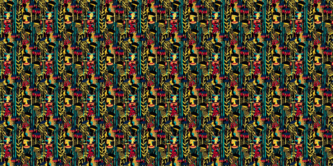 Obraz premium Abstract African art shapes seamless backgrounds, tribal geometric decoration patterns. Colored flat boho symbols illustrations 