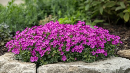 Vibrant pink Aubrieta flowers blooming in a lush garden setting with natural stone accents and greenery around them.
