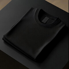 Elegant Black T shirt Mockup on Modern Table with Visible Fabric Textures and Label