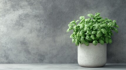 Fototapeta premium Fresh green basil in modern pot against gray concrete background showcasing indoor plant growth and minimalistic design aesthetics.