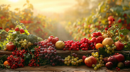 Abundant harvest of fresh fruits and vegetables against a beautiful natural background , bountiful, plentiful, harvest 
