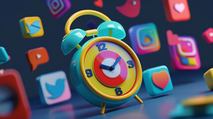 A cartoon clock shaped like a smartphone surrounded by colorful social media icons, with vibrant animations showing notifications popping up.