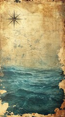 Antique Nautical Chart Depicting Ocean Waves and Compass