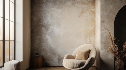 Stylish interior with polished plaster wall and modern armchair creating a contemporary and serene ambiance in a stylish living space