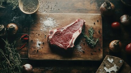 Raw dry aged T-bone steak with fresh herbs and seasoning on rustic wooden cutting board surrounded by ingredients and spices.