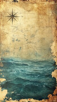 Antique Nautical Chart Depicting Ocean Waves and Compass