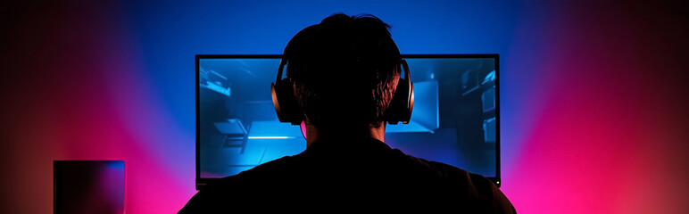 Gamer sitting in front of screen monitor playing game, streamer streaming online content, hacker hacking computer system. Concept of gaming, esports, metaverse, AI, VR, glowing neon background. 