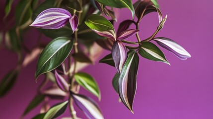 Obraz premium Trailing tradescantia plant with vibrant striped leaves against a pink background showcasing its unique beauty as a houseplant.