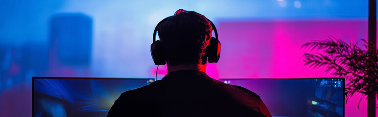 Gamer sitting in front of screen monitor playing game, streamer streaming online content, hacker hacking computer system. Concept of gaming, esports, metaverse, AI, VR, digital background. 