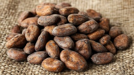 Obraz premium Raw cacao beans on burlap fabric showcasing rich textures and natural tones in a close-up top view composition. Perfect for culinary or health-related themes.