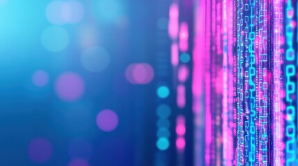 Colorful Digital Data Stream with Binary Code and Bokeh Light Effects