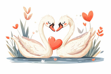 Obraz premium Romantic Swans Embracing with Heart Shape Surrounded by Flowers in a Serene Natural Setting