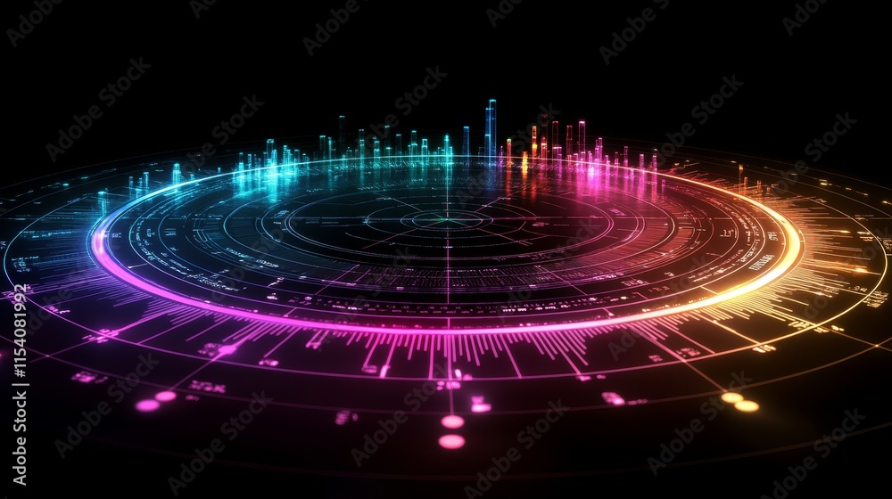 Poster colorful waveform visualization displaying sound frequencies in a circular pattern with vibrant ligh
