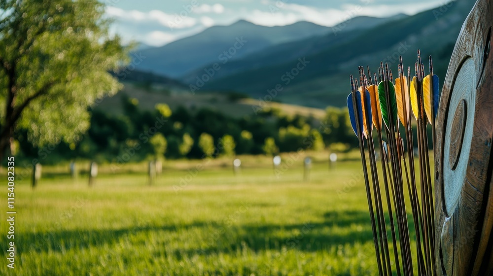 Poster an adventurous archery range nestled in a picturesque setting, bows and arrows neatly aligned, outdo