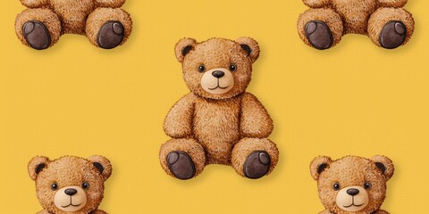 Cute Teddy Bears on Yellow Background for Children's Decor
