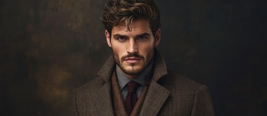 Fototapeta premium Stylish man in elegant attire with a sophisticated expression against a dark backdrop showcasing modern men's fashion and gift ideas