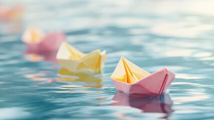 Colorful origami paper boats in soft water reflections creating a serene outdoor atmosphere for creative and nostalgic themed designs
