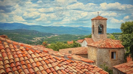 Fototapeta premium Scenic view of rustic rooftops with a church bell tower against a backdrop of rolling hills and cloudy blue sky