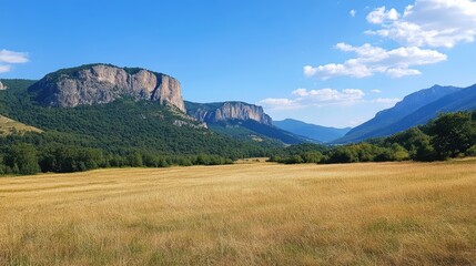 Fototapeta premium Majestic mountains under clear blue sky with golden grassland in the foreground on a bright sunny summer day in scenic landscape view