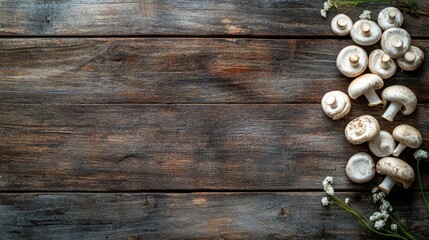 Fresh white mushrooms arranged on rustic wooden table with space for text ideal for culinary and cooking themes