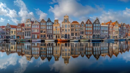 Obraz premium A picturesque view of vibrant Dutch canal houses reflecting on water under a clear blue sky, showcasing traditional European architecture.