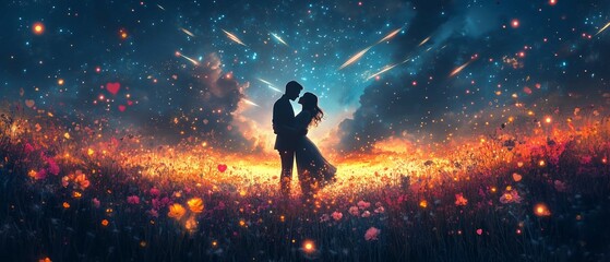 Naklejka premium Dancing Among Glowing Flowers Under a Sky of Shooting Stars, a Couple Creates Their Valentine Day Fairy Tale Moment Filled With Love and Magic