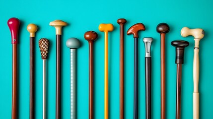 A vibrant teal backdrop showcasing a collection of diverse walking canes with unique handle designs.