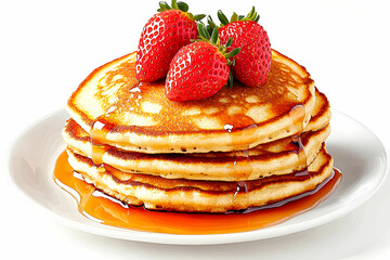 Stack of Fluffy Pancakes with Fresh Strawberries and Maple Syrup on a White Plate
