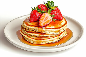 Delicious Stack of Fluffy Pancakes Topped with Fresh Strawberries and Maple Syrup on a White Plate