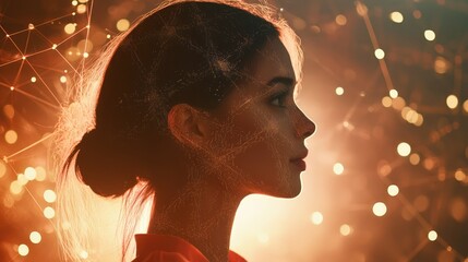 Profile of woman with abstract digital network concept in a creative visual for technology and communication advertising banners