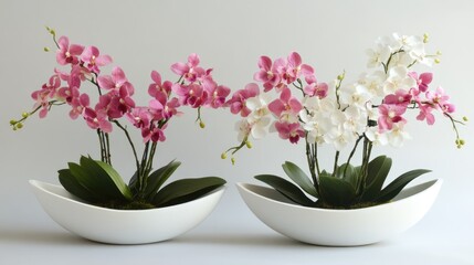 Orchid arrangements in elegant pots showcasing vibrant pink and white blooms against a minimalist background