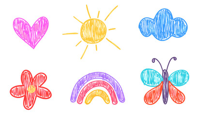 Set of butterfly and rainbow in childlike style with crayon texture