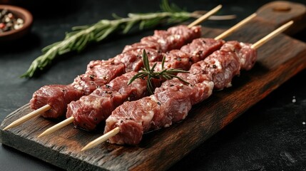 Grilled goat meat skewers seasoned with herbs ready for satay preparation on a rustic wooden board