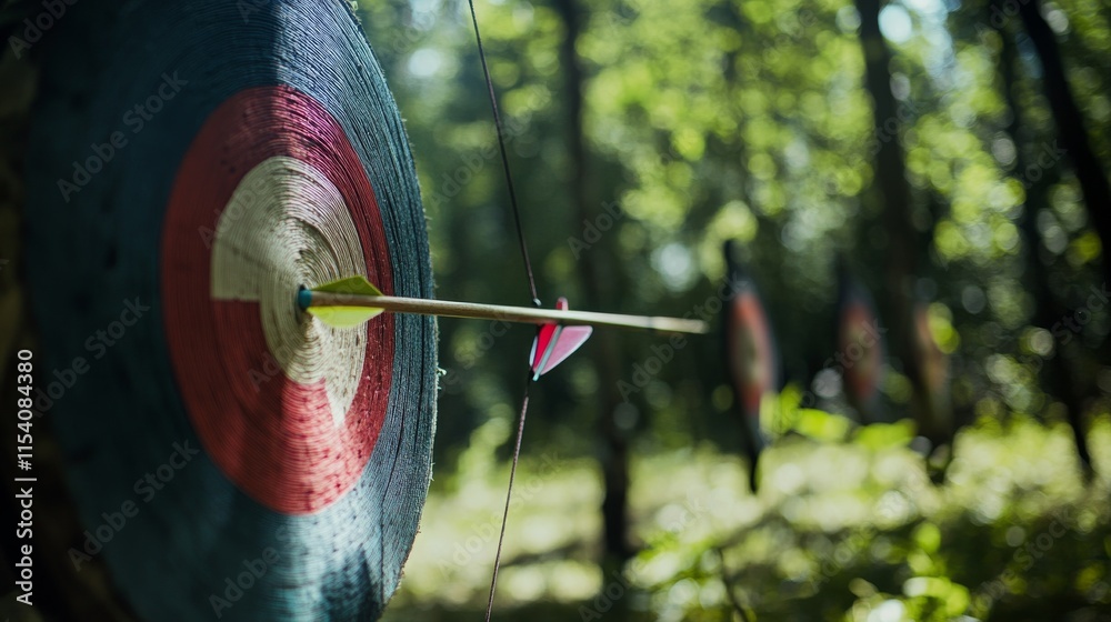 Poster an adventurous archery session in a dense forest clearing, bows and arrows set up for precision shoo