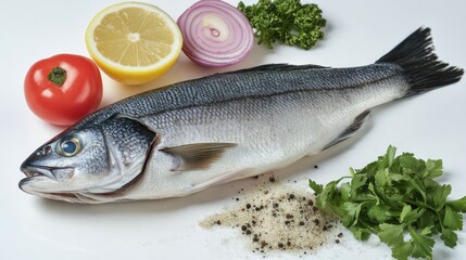 Fresh European sea bass with vegetables and herbs on a bright table ready for cooking gourmet seafood dish