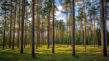 Obraz premium Tall pine trees in a tranquil coniferous forest landscape with sunlight filtering through the branches creating a serene natural atmosphere