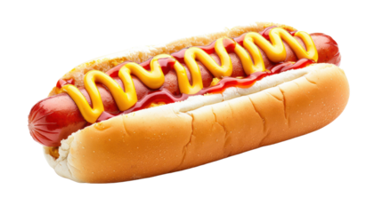 Hot dog with ketchup and mustard, isolated on a white background. isolated on a transparent background. PNG format for graphic design.
