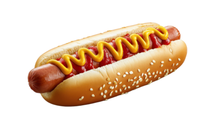 Hot dog with ketchup and mustard, isolated on a white background. isolated on a transparent background. PNG format for graphic design.