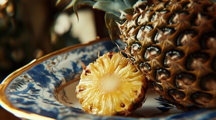 Fresh pineapple slice on a decorative plate with textured pineapple background showcasing vibrant colors and natural details.