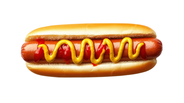 Top view Hot dog with ketchup and mustard, isolated on a white background. isolated on a transparent background. PNG format for graphic design.