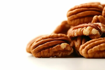 Pile of Delicious Fresh Pecans on White Background Ideal for Healthy Cooking and Baking Recipes