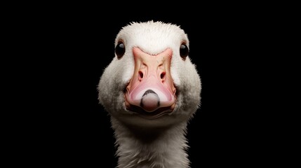 Adult domestic goose portrait exhibiting a curious and skeptical expression against a dark background highlighting its features.