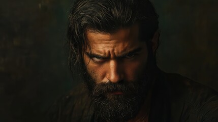 Intense portrait of a bearded man with strong features against a dark, moody background showcasing rugged masculinity and depth.