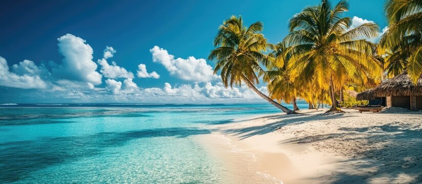Tropical beach paradise with palm trees and clear turquoise water under a bright blue sky perfect for vacation and relaxation.