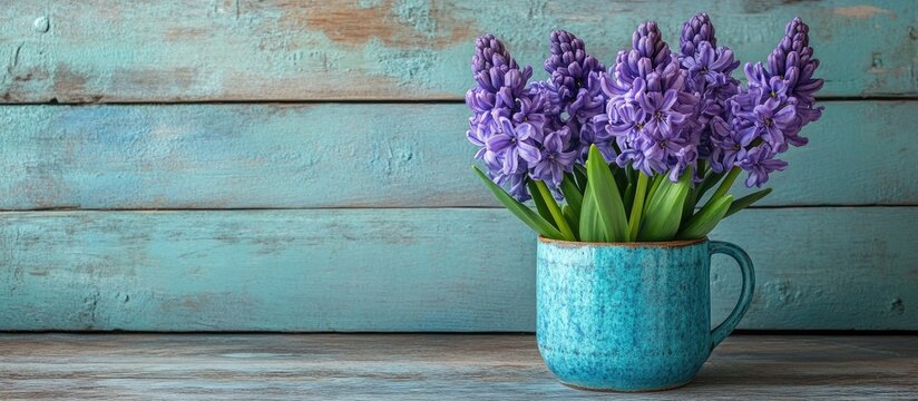 Purple hyacinth flowers in vintage mug on rustic wooden backdrop creating a cozy and charming atmosphere Vertical image