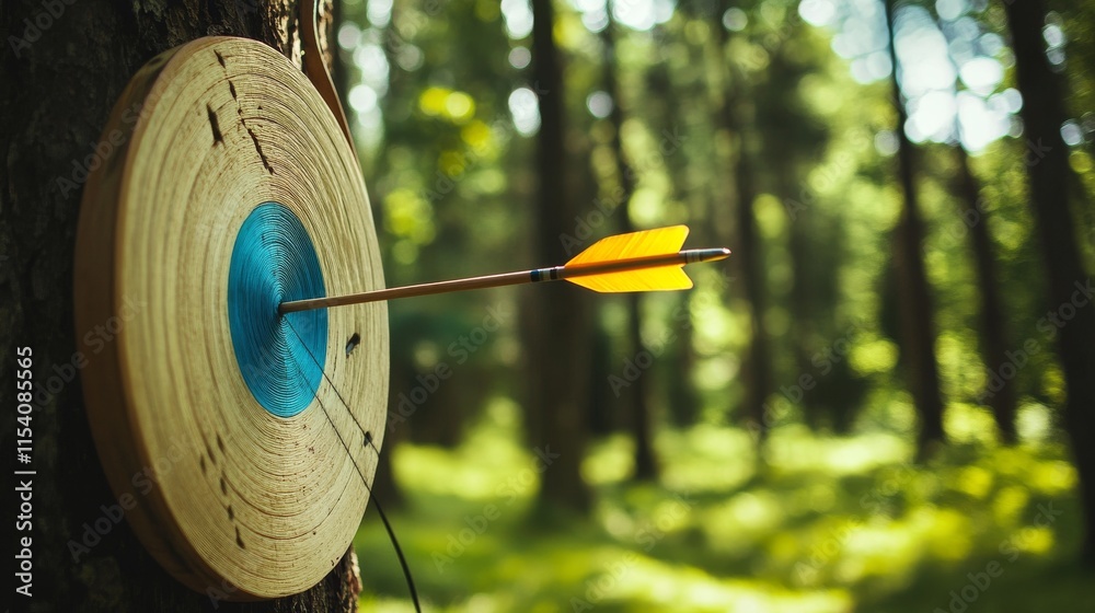 Poster an adventurous archery session in a forest clearing, bows and arrows set up for precision shooting, 