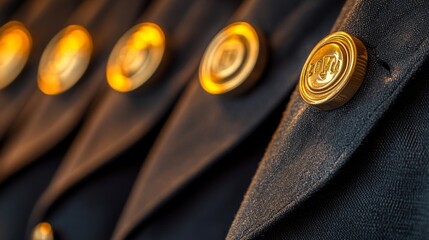 Detailed Close-Up of Shiny Gold Buttons on a Dark Uniform Fabric Showcasing the Elegance and Craftsmanship of Classic Tailoring Techniques and Design Elements